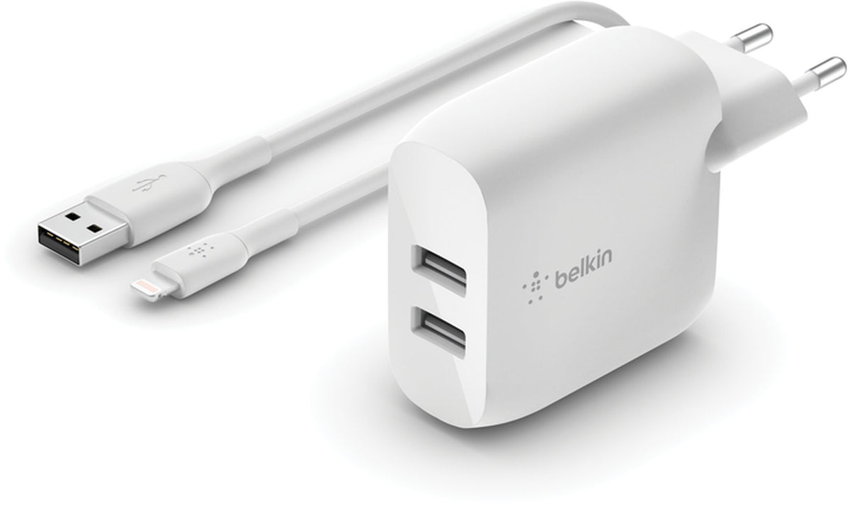 Punjač za mrežu sa USB-C kablom Belkin BoostCharge Dual, 24W, 2.4A, 2 x USB-A, Bela WCE001vf1MWH