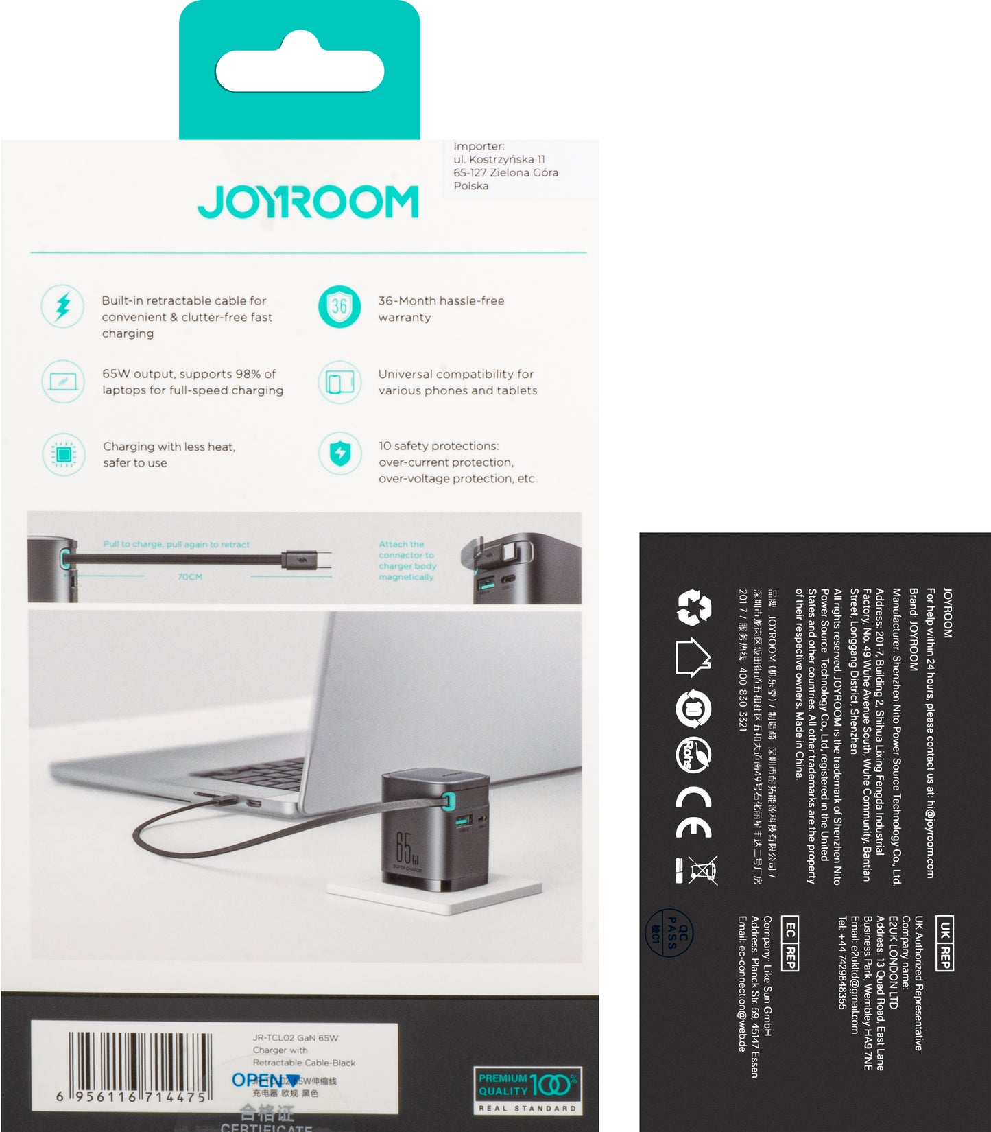 Punjač za mrežu sa USB-C kablom Joyroom JR-TCL02, 65W, 3A, 1 x USB-A - 1 x USB-C, crni