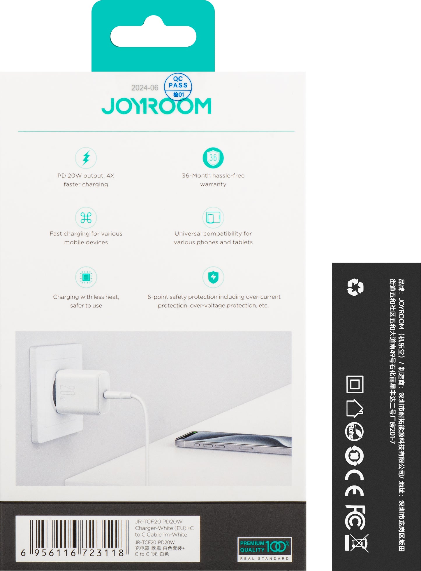 Punjač za mrežu sa USB-C kablom Joyroom JR-TCF20, 20W, 3A, 1 x USB-C, Bel