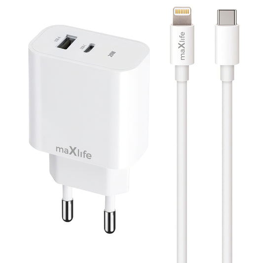 Punjač za mrežu sa Lightning kablom MaXlife MXTC-06-20AC, 20W, 3A, 1 x USB-A - 1 x USB-C, Beli