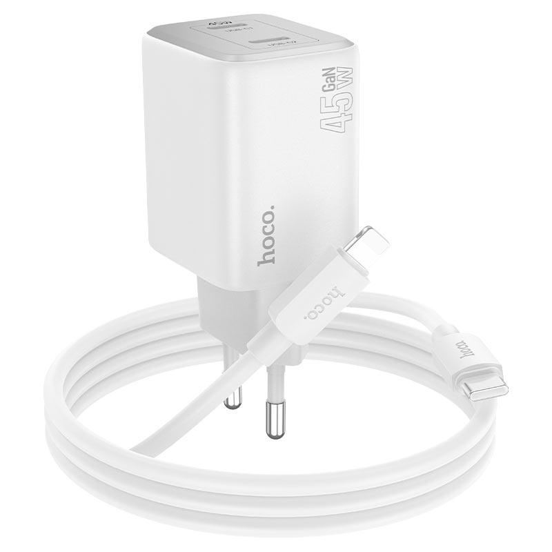 Punjač za mrežu sa Lightning kablom HOCO N42, 45W, 3A, 2 x USB-C, Beli
