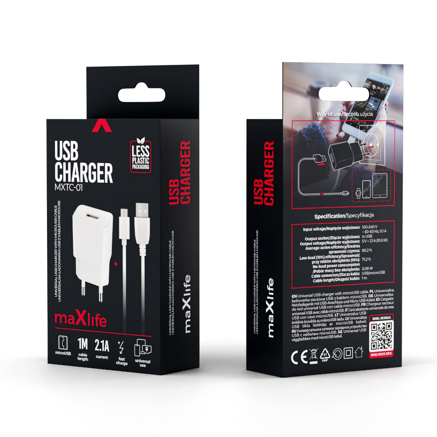 Punjač za mrežu sa microUSB kablom MaXlife MXTC-01, 10.5W, 2.1A, 1 x USB-A, Beli