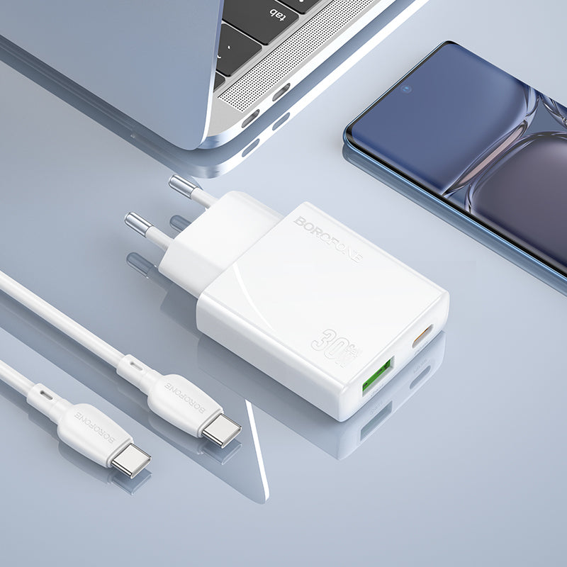 Punjač za mrežu sa USB-C kablom Borofone BN25 Wish, 30W, 3A, 1 x USB-A - 1 x USB-C, Beli