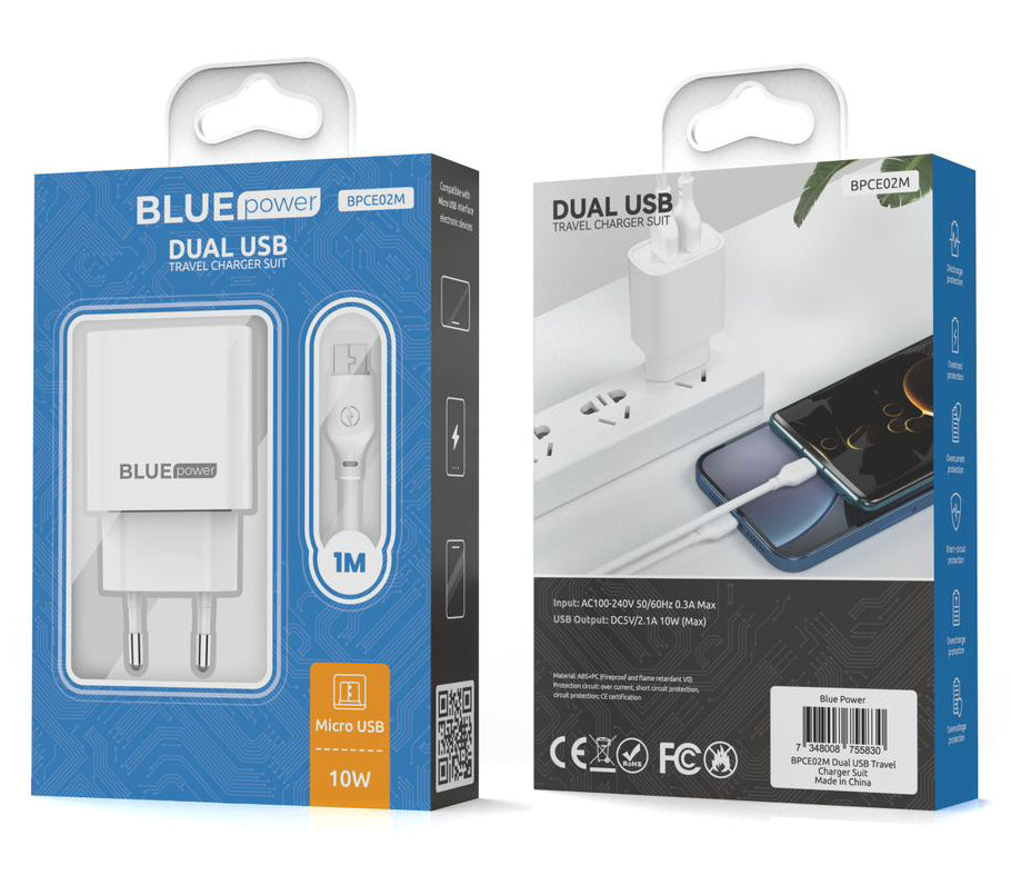 Punjač za mrežu sa mikroUSB kablom Blue Power BPCE02M, 10.5W, 2.1A, 2 x USB-A, Beli