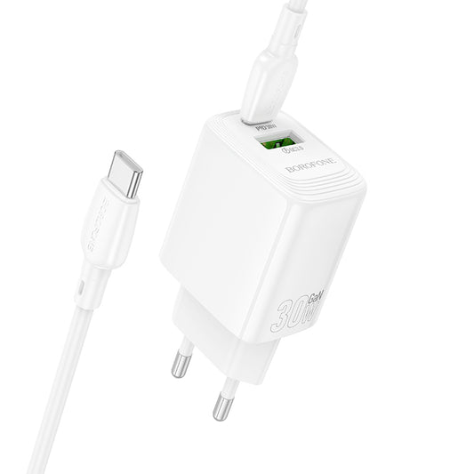 Punjač za mrežu sa USB-C kablom Borofone BN29 Fuente, 30W, 3A, 1 x USB-A - 1 x USB-C, Beli