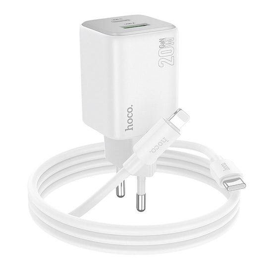 Punjač za mrežu sa Lightning kablom HOCO N41, 20W, 3A, 1 x USB-A - 1 x USB-C, Beli