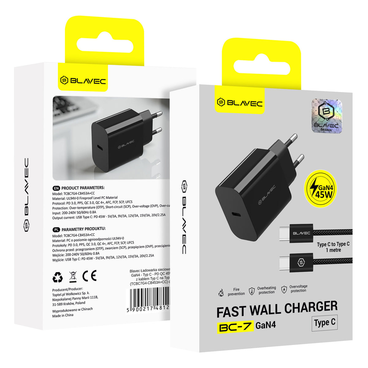 Punjač za mrežu sa USB-C kablom Blavec BC-7, 45W, 3A, 1 x USB-C, Crni