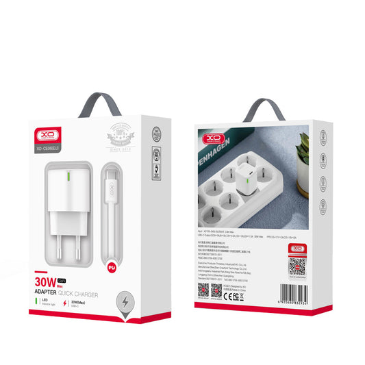 Punjač za mrežu sa USB-C kablom XO Design CE06, 30W, 3A, 1 x USB-C, Bela