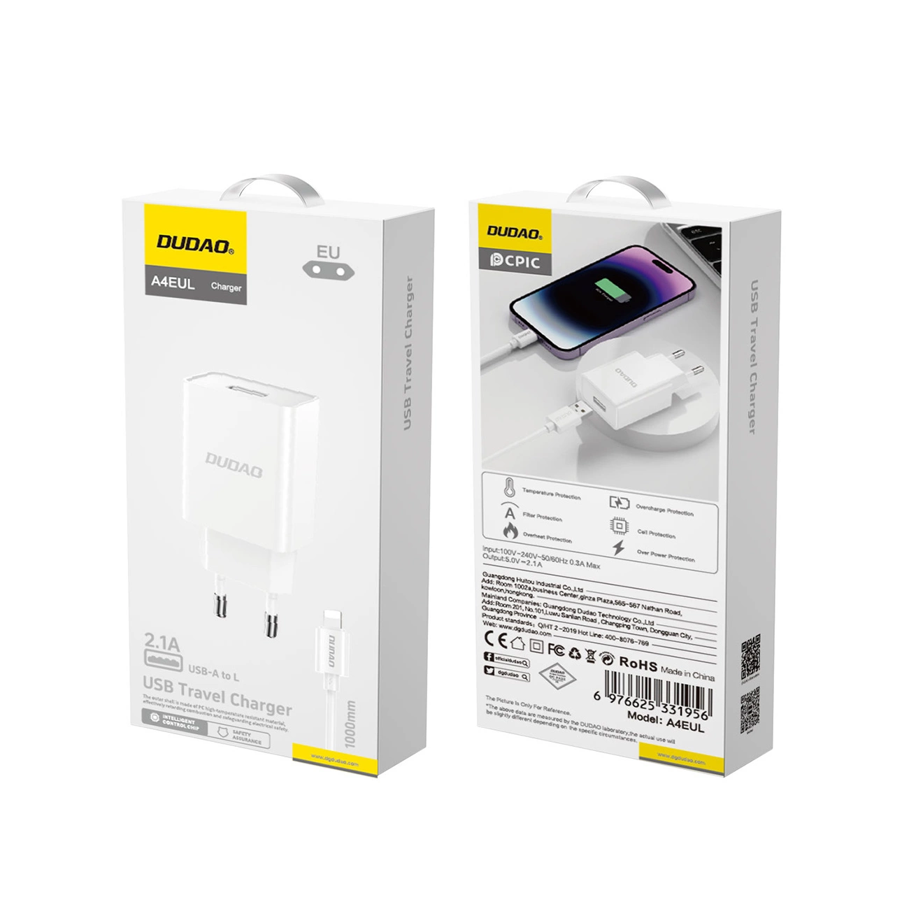 Punjač za mrežu sa Lightning kablom Dudao A4EU, 10W, 2.1A, 1 x USB-A, Bel