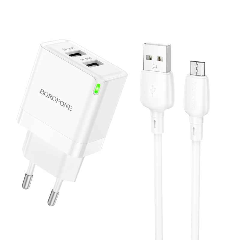 Punjač za mrežu sa microUSB kablom Borofone BN15 Strong, 10.5W, 2.1A, 2 x USB-A, Beli