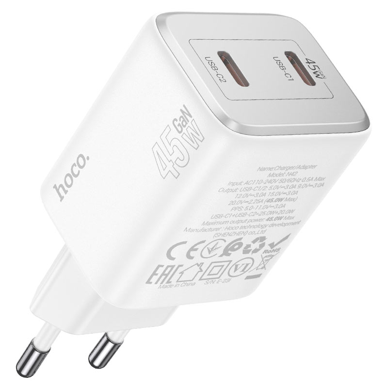 Punjač za mrežu sa Lightning kablom HOCO N42, 45W, 3A, 2 x USB-C, Beli