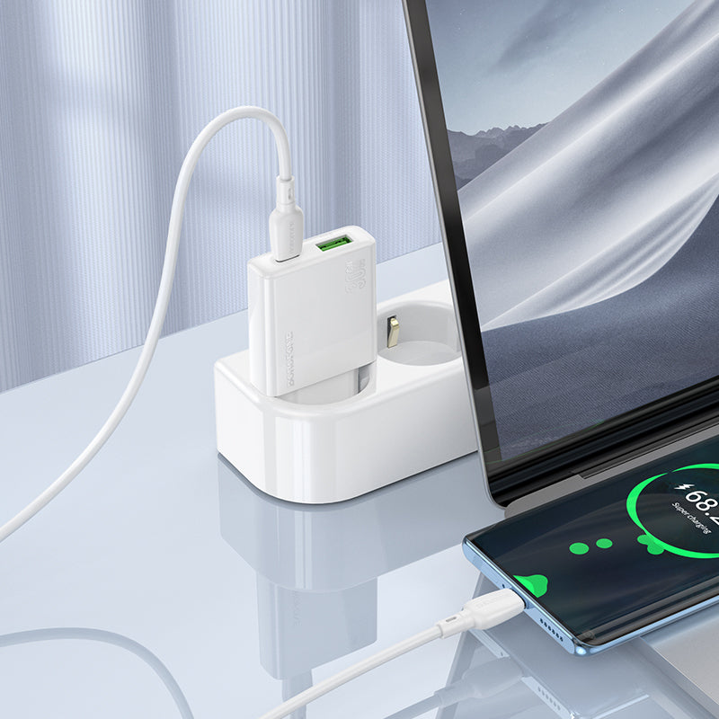 Punjač za mrežu sa USB-C kablom Borofone BN25 Wish, 30W, 3A, 1 x USB-A - 1 x USB-C, Beli