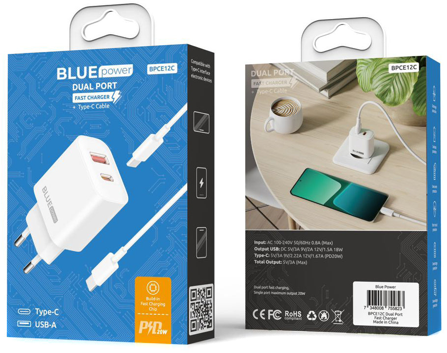 Punjač za mrežu sa USB-C kablom Blue Power BPCE12C, 20W, 3A, 1 x USB-A - 1 x USB-C, Beli