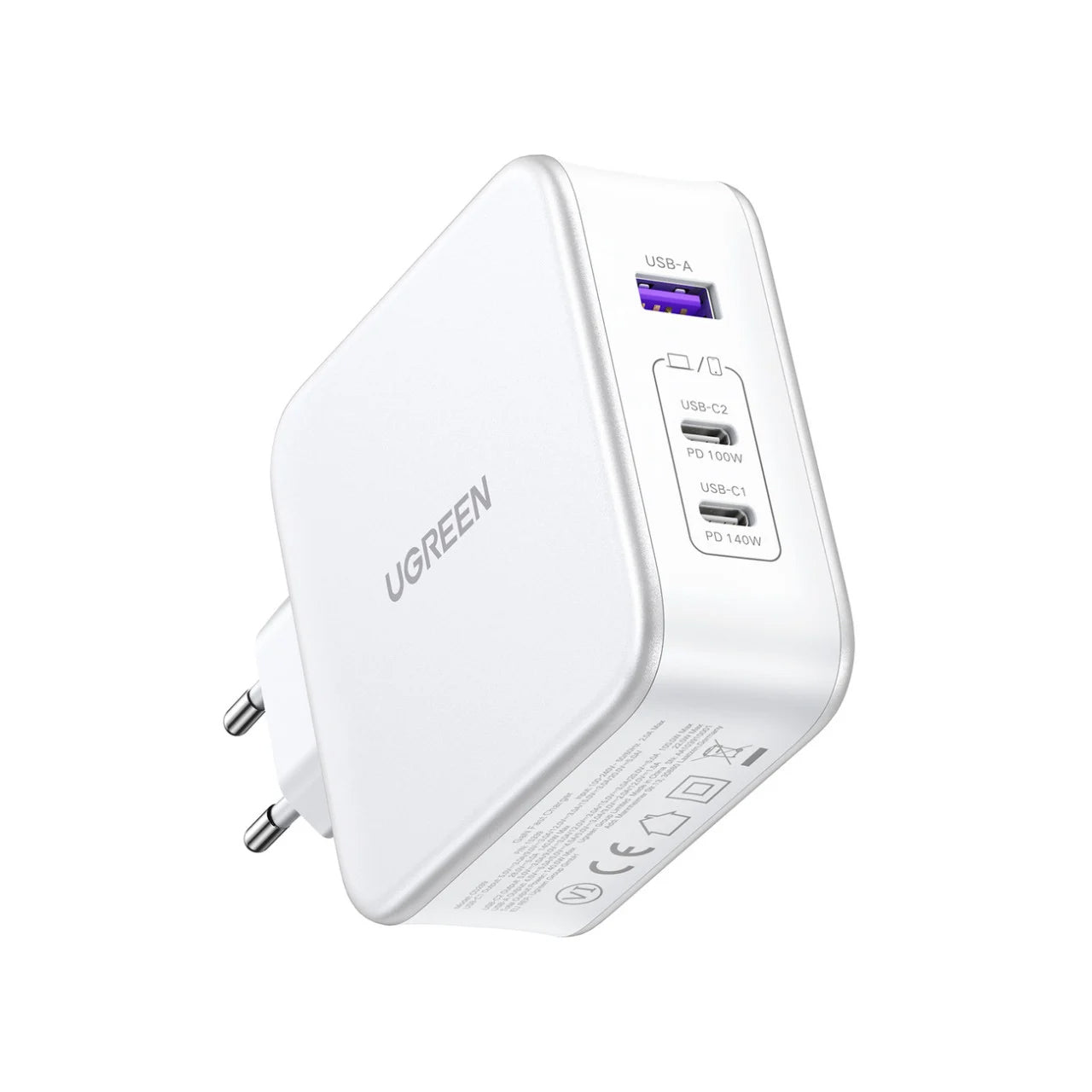 Punjač za mrežu sa USB-C kablom UGREEN CD289, 140W, 5A, 1 x USB-A - 2 x USB-C, Beli