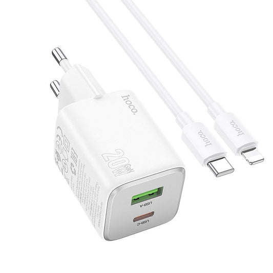 Punjač za mrežu sa Lightning kablom HOCO N41, 20W, 3A, 1 x USB-A - 1 x USB-C, Beli