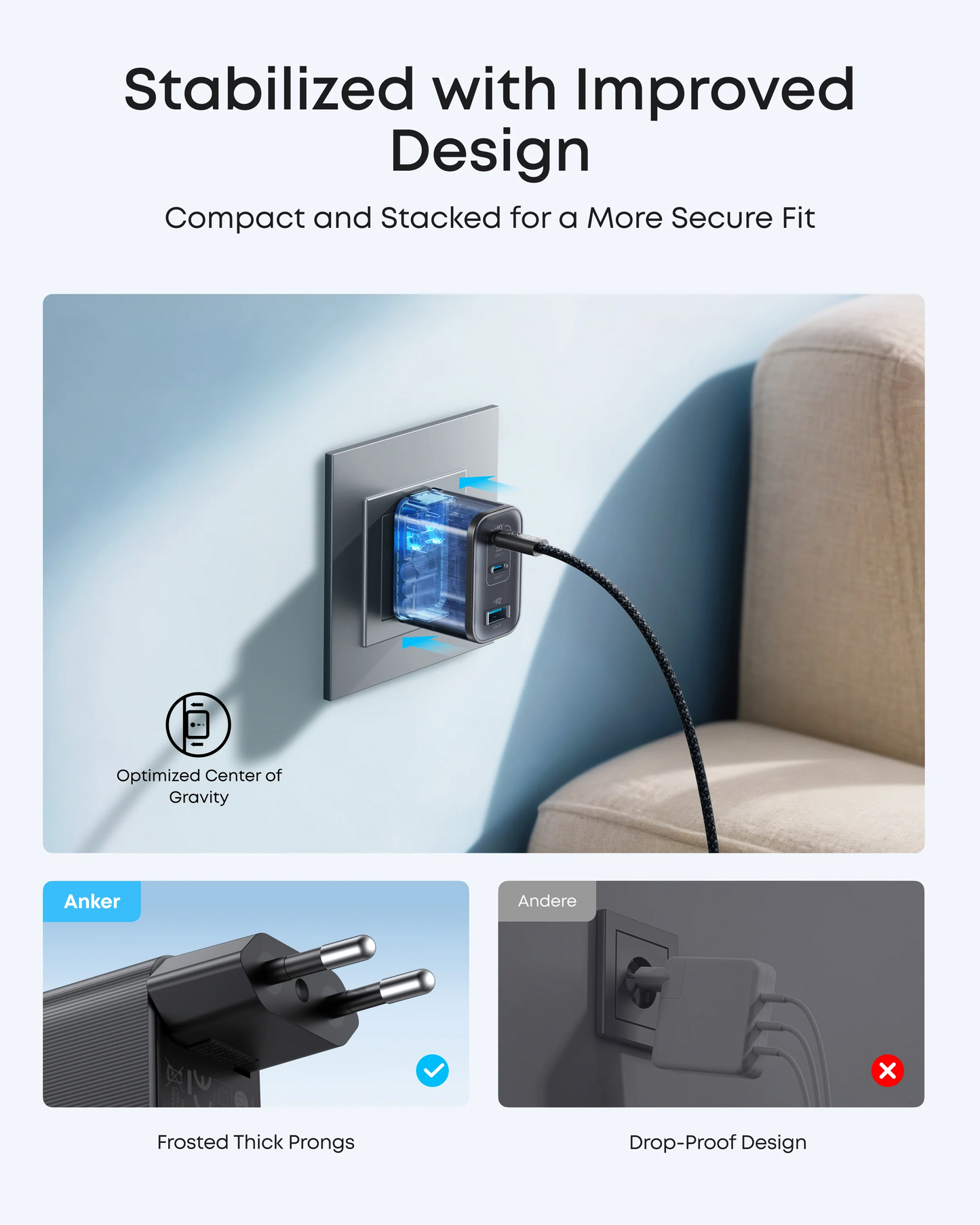 Punjač mreže sa USB-C kablom Anker Nano, 70W, 3.5A, 1 x USB-A - 2 x USB-C, Sivi B121A311