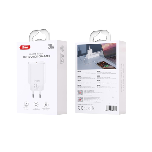 Punjač za mrežu sa USB-C kablom XO Design CE32, 20W, 3A, 1 x USB-C, Beli