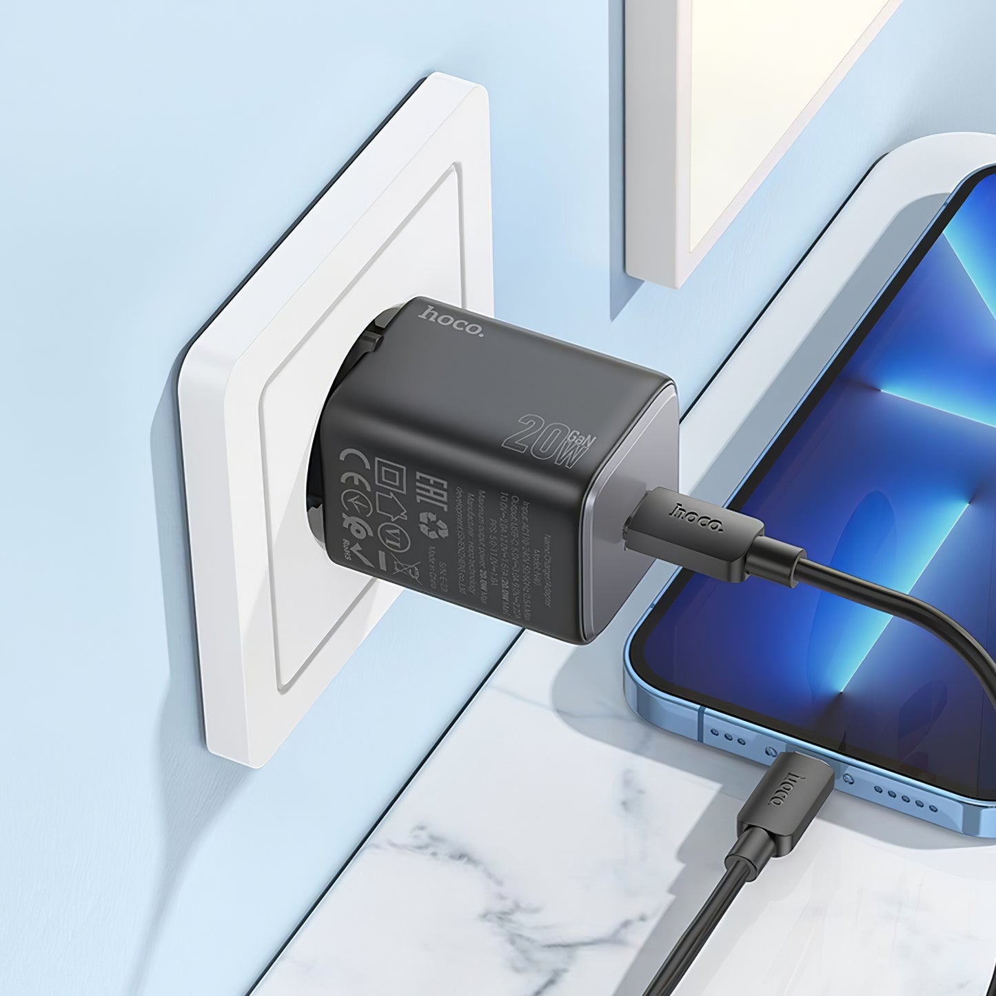 Punjač za mrežu sa Lightning kablom HOCO N40, 20W, 3A, 1 x USB-C, Crni