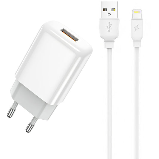 Punjač za mrežu sa Lightning kablom Prestico F7S, 12W, 2.4A, 1 x USB-A, Beli