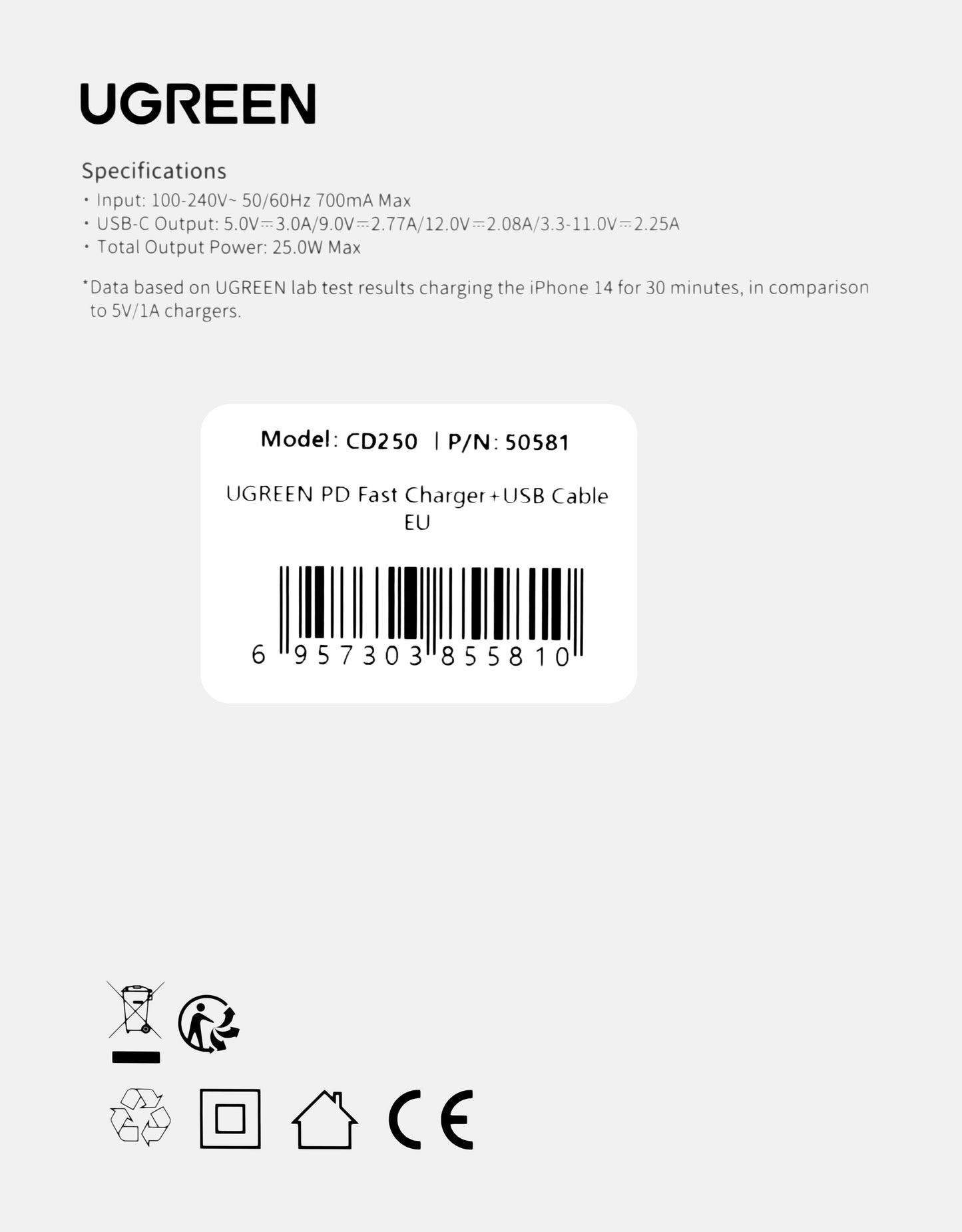 Punjač za mrežu sa USB-C kablom UGREEN CD250, 25W, 3A, 1 x USB-C, crni