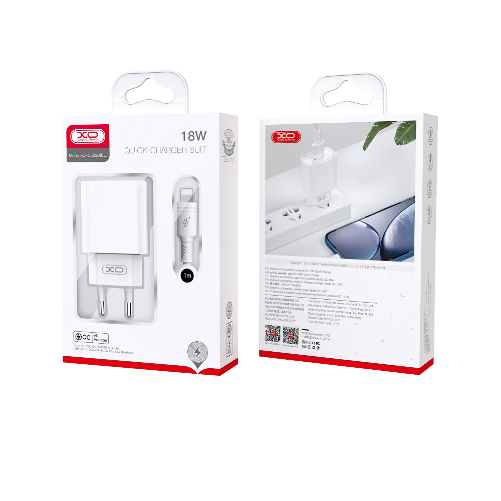 Punjač za mrežu sa USB-C kablom XO Design CE02D, 18W, 3A, 1 x USB-A, Bela