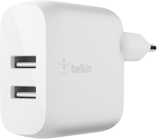 Punjač za mrežu sa USB-C kablom Belkin BoostCharge Dual, 24W, 2.4A, 2 x USB-A, Bela WCE001vf1MWH