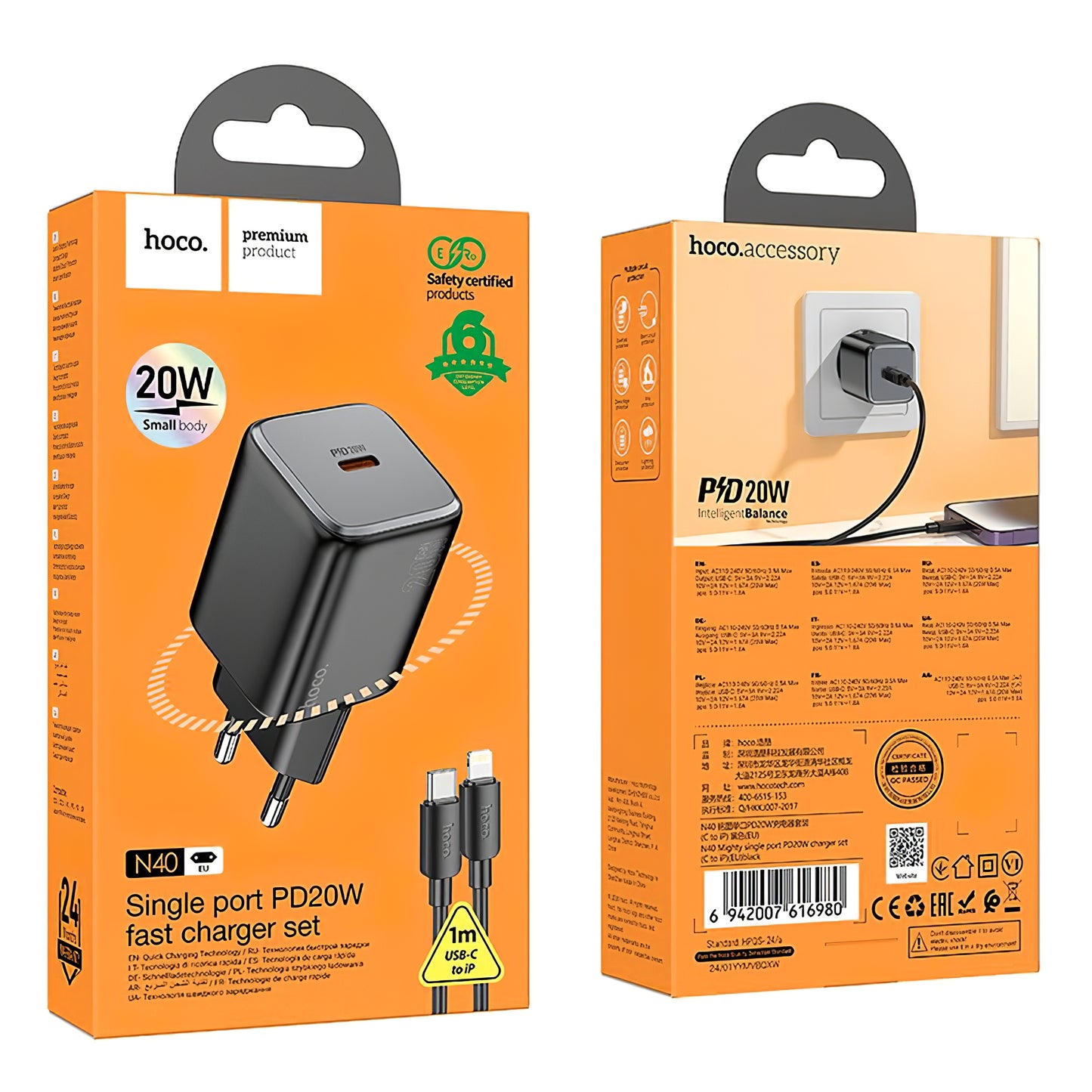 Punjač za mrežu sa Lightning kablom HOCO N40, 20W, 3A, 1 x USB-C, Crni