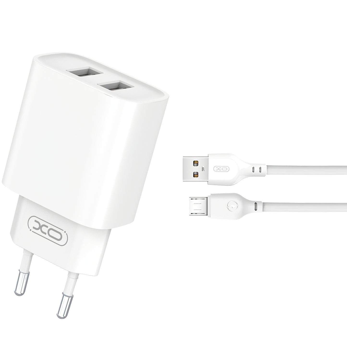 Punjač za mrežu sa microUSB kablom XO Design CE02C, 10.5W, 2.1A, 2 x USB-A, Beli