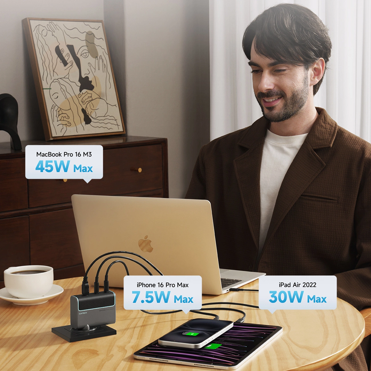 Punjač za mrežu sa USB-C kablom Cuktech, 100W, 5A, 1 x USB-A - 2 x USB-C, Sivi CUKAD1003EUG