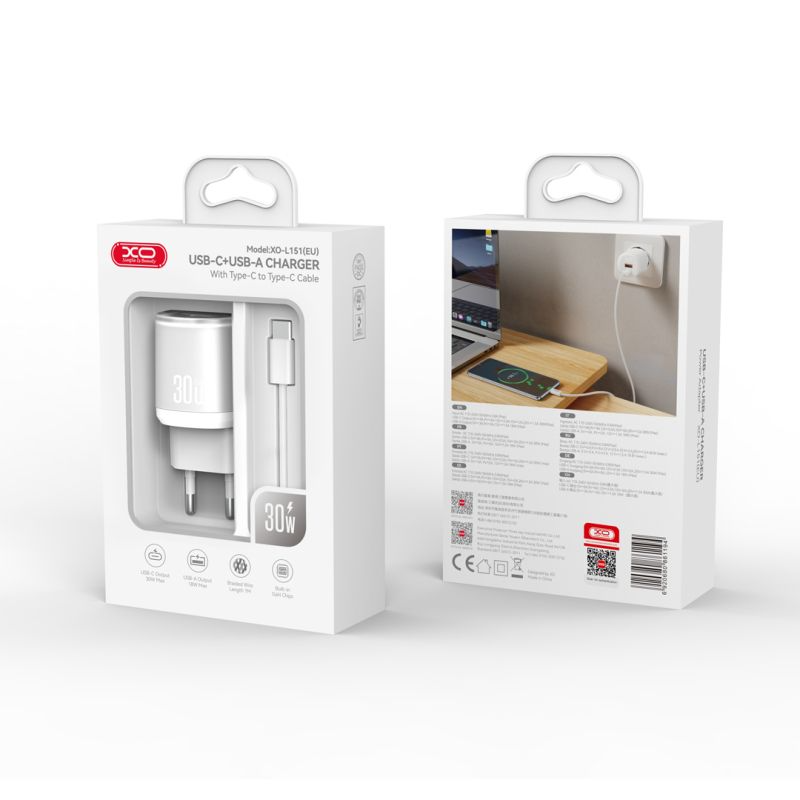 Punjač za mrežu sa USB-C kablom XO Design L151, 30W, 3A, 1 x USB-A - 1 x USB-C, Beli