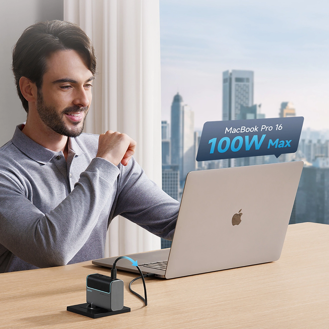 Punjač za mrežu sa USB-C kablom Cuktech, 100W, 5A, 1 x USB-A - 2 x USB-C, Sivi CUKAD1003EUG