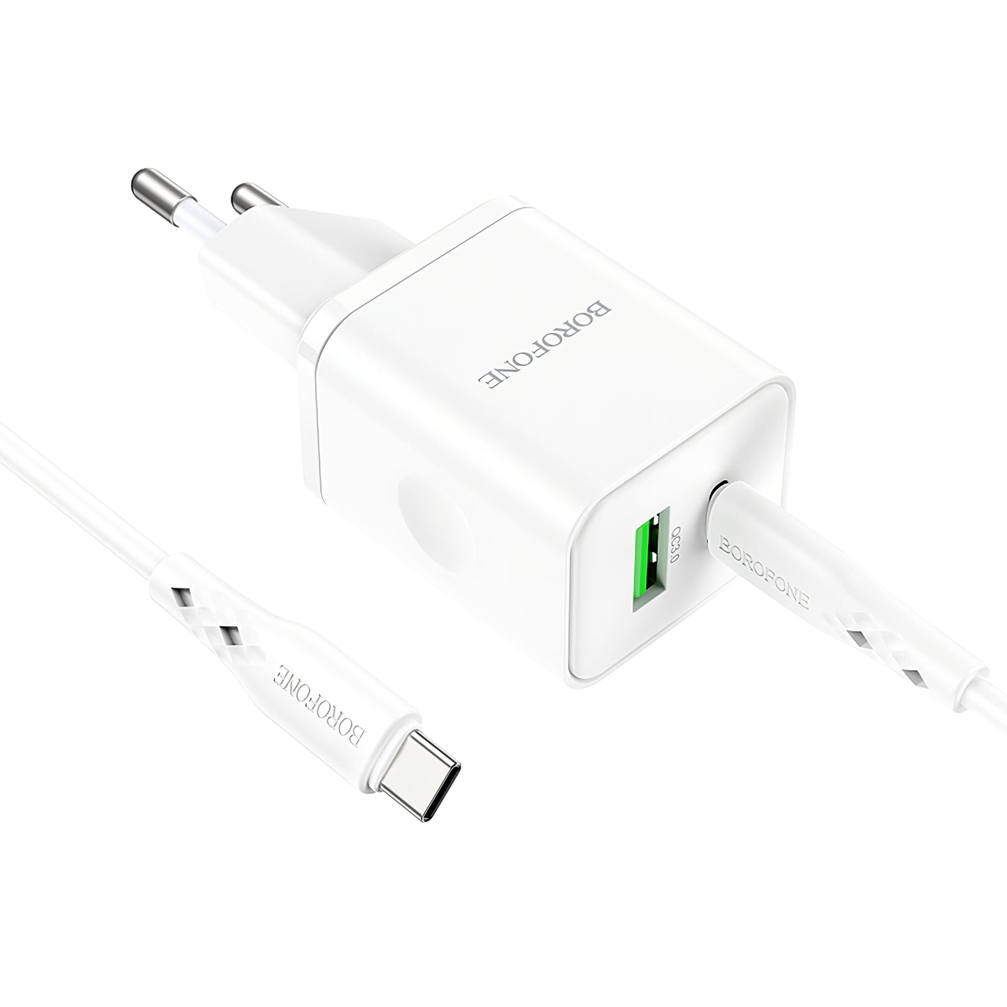 Punjač za mrežu sa USB-C kablom Borofone BN7, 20W, 3A, 1 x USB-A - 1 x USB-C, Beli