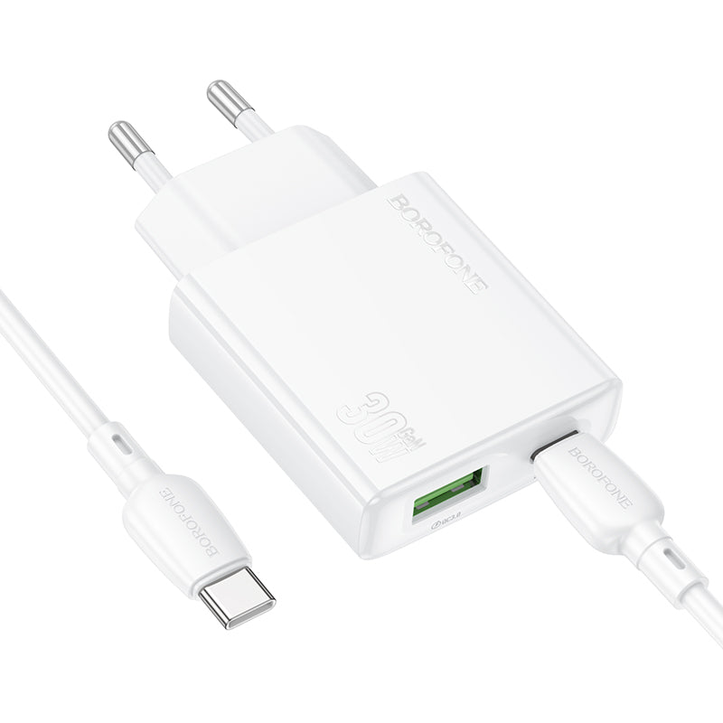 Punjač za mrežu sa USB-C kablom Borofone BN25 Wish, 30W, 3A, 1 x USB-A - 1 x USB-C, Beli