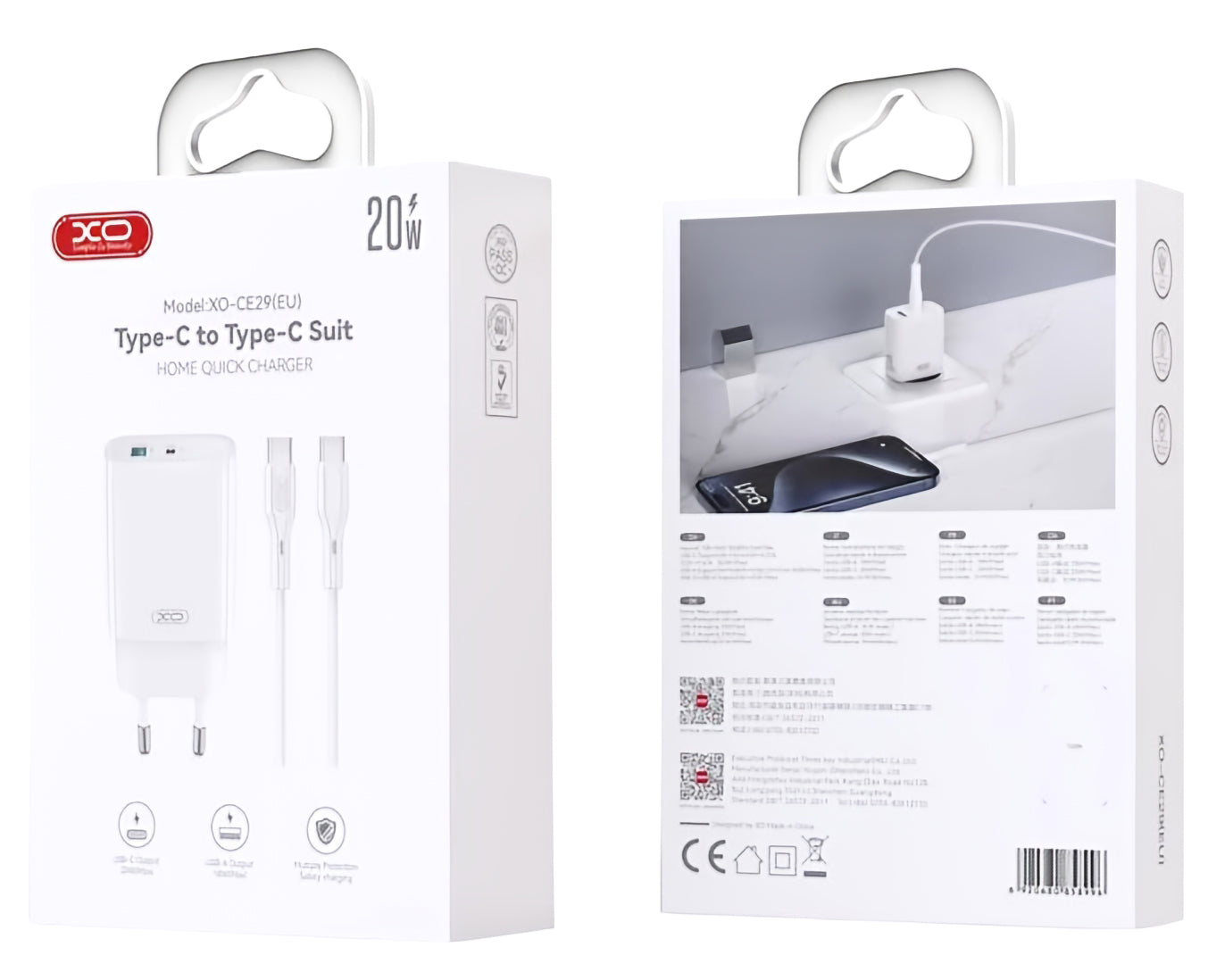 Punjač za mrežu sa USB-C kablom XO Design CE29, 20W, 3A, 1 x USB-A - 1 x USB-C, Beli