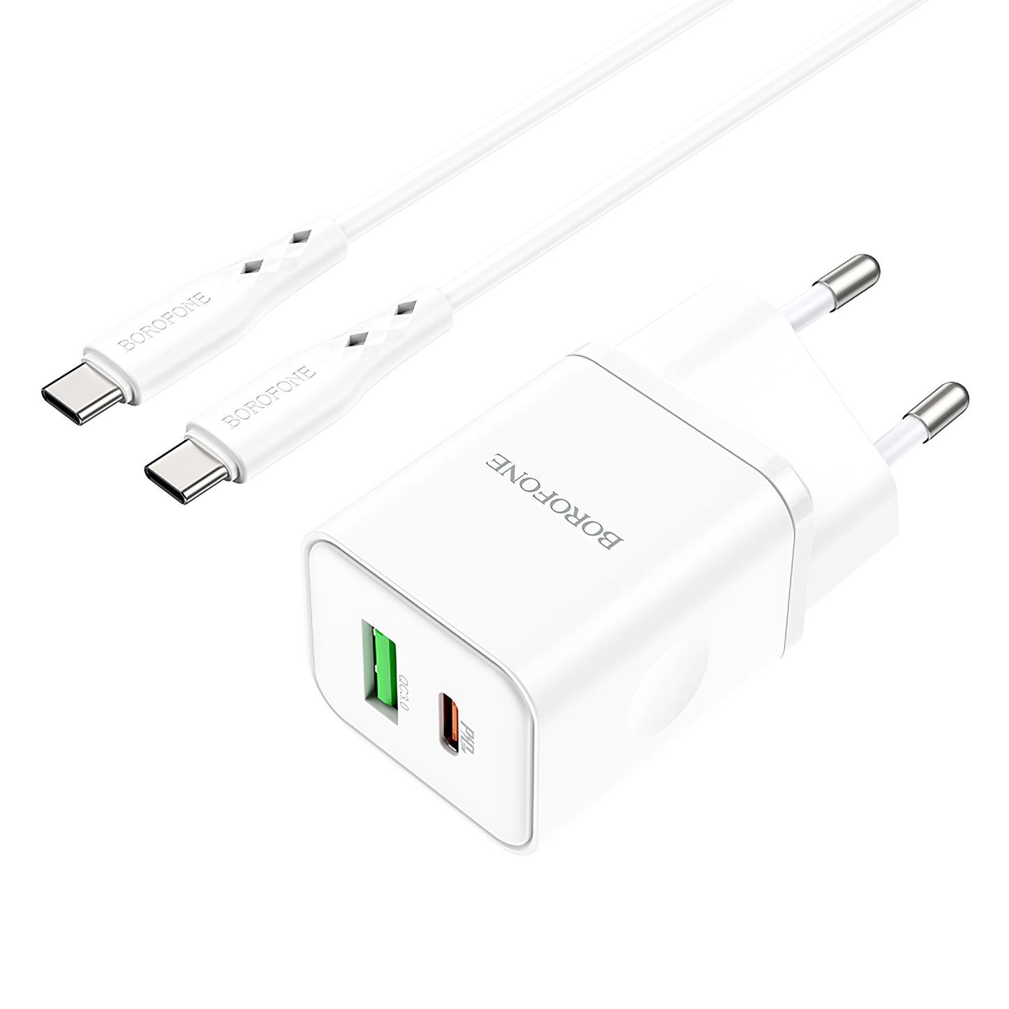 Punjač za mrežu sa USB-C kablom Borofone BN7, 20W, 3A, 1 x USB-A - 1 x USB-C, Beli