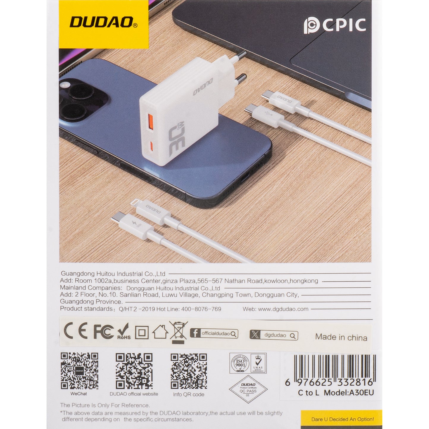 Punjač za mrežu sa Lightning kablom Dudao A30EUL, 30W, 3A, 1 x USB-A - 1 x USB-C, Beli