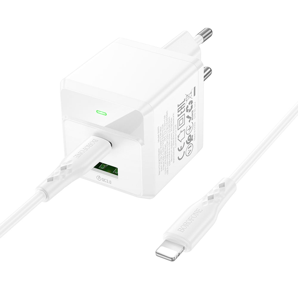 Punjač za mrežu sa Lightning kablom Borofone BN19 Intenso, 20W, 3A, 1 x USB-A - 1 x USB-C, Beli