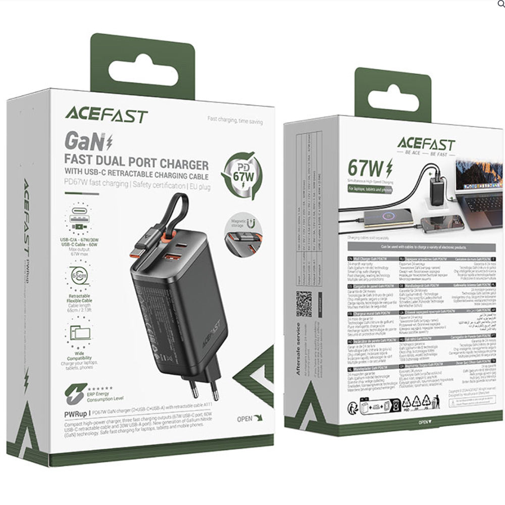 Punjač za mrežu sa USB-C kablom Acefast A111, 67W, 3A, 1 x USB-A - 1 x USB-C, Crni
