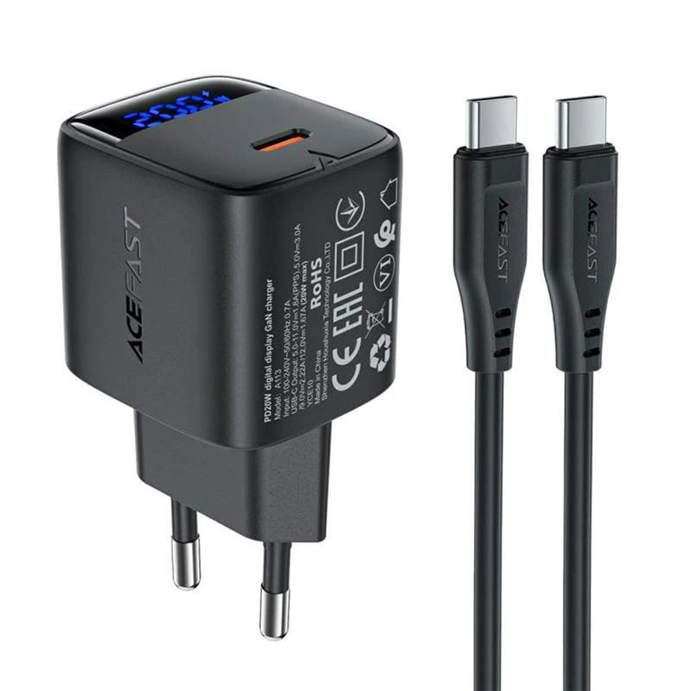 Punjač mreže sa USB-C kablom Acefast A113 Display, 20W, 3A, 1 x USB-C, Crni