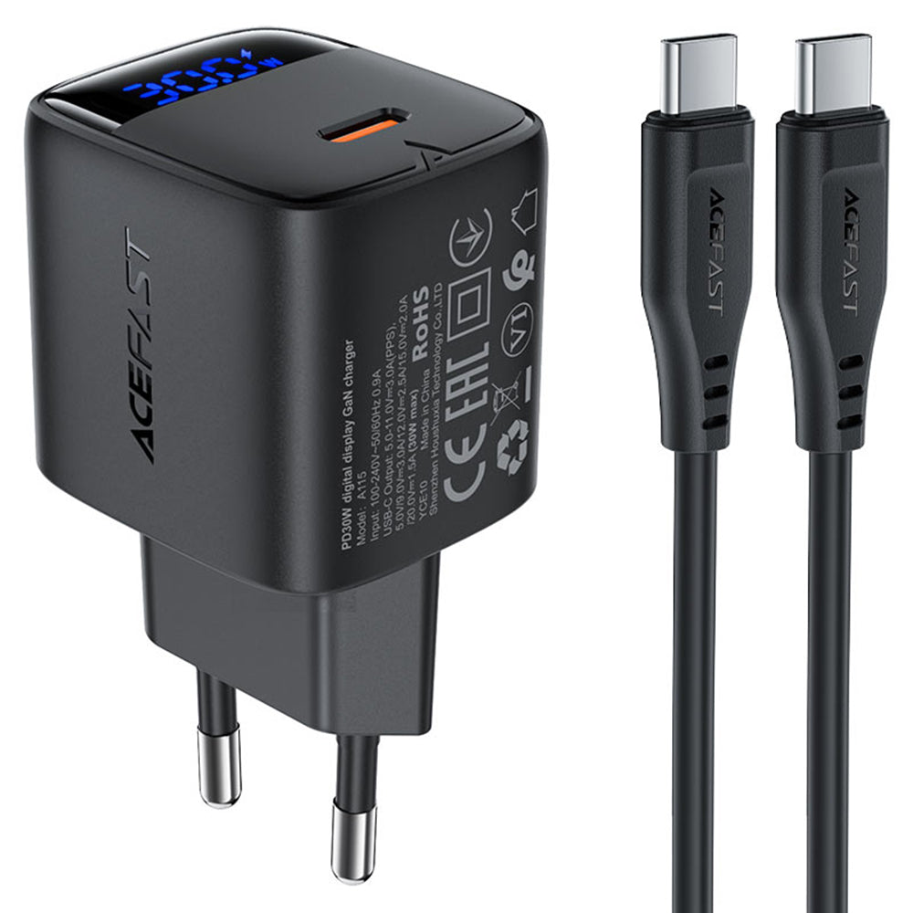 Punjač mreže sa USB-C kablom Acefast A115 Display, 30W, 3A, 1 x USB-C, Crni