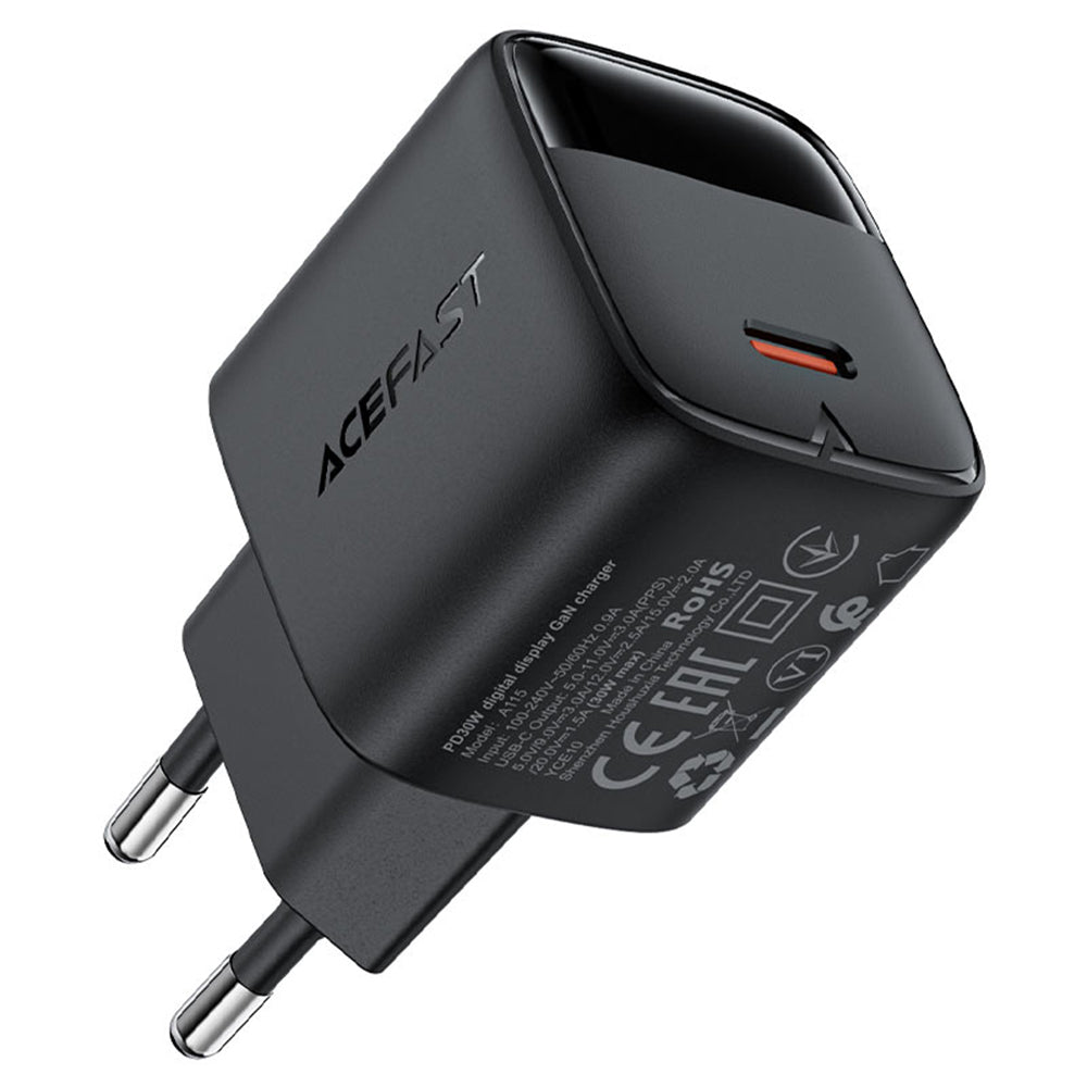 Punjač mreže sa USB-C kablom Acefast A115 Display, 30W, 3A, 1 x USB-C, Crni