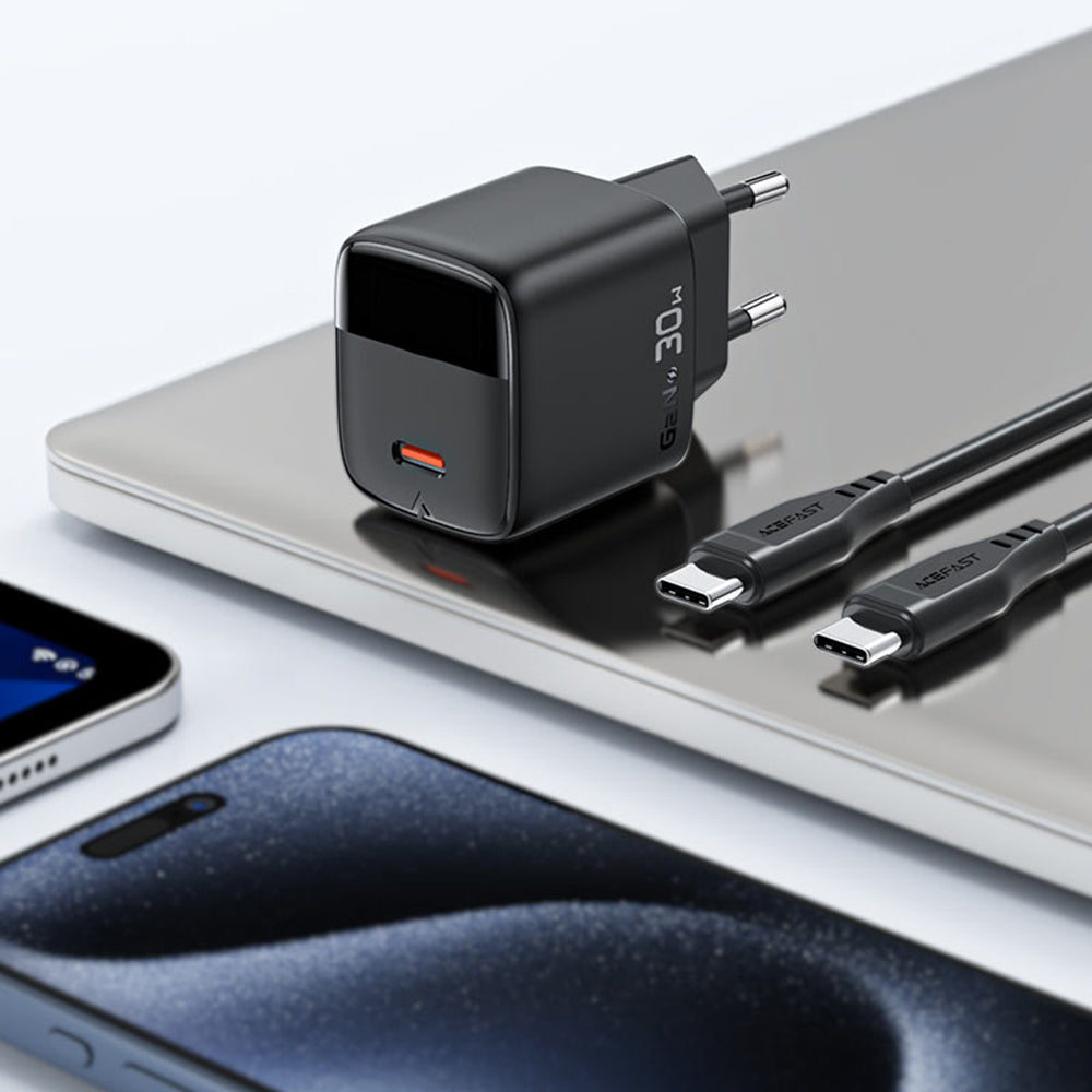 Punjač mreže sa USB-C kablom Acefast A115 Display, 30W, 3A, 1 x USB-C, Crni