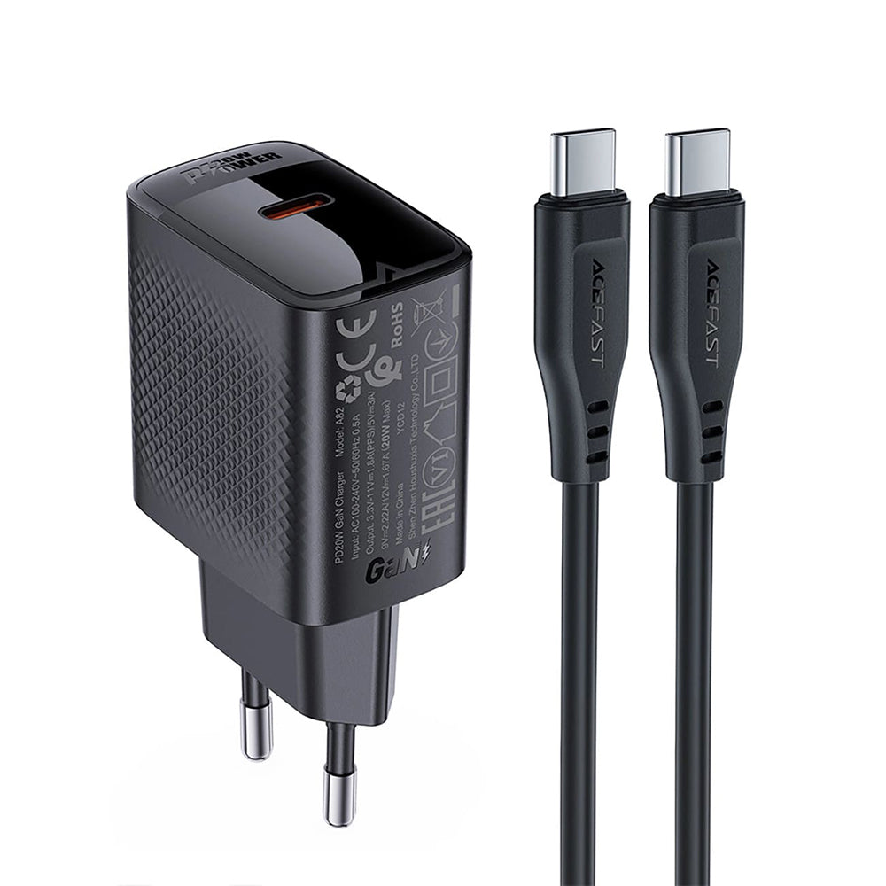 Punjač za mrežu sa USB-C kablom Acefast A82, 20W, 3A, 1 x USB-C, Crni
