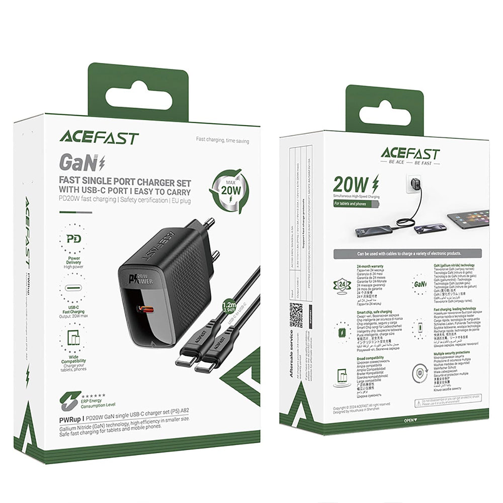 Punjač za mrežu sa USB-C kablom Acefast A82, 20W, 3A, 1 x USB-C, Crni