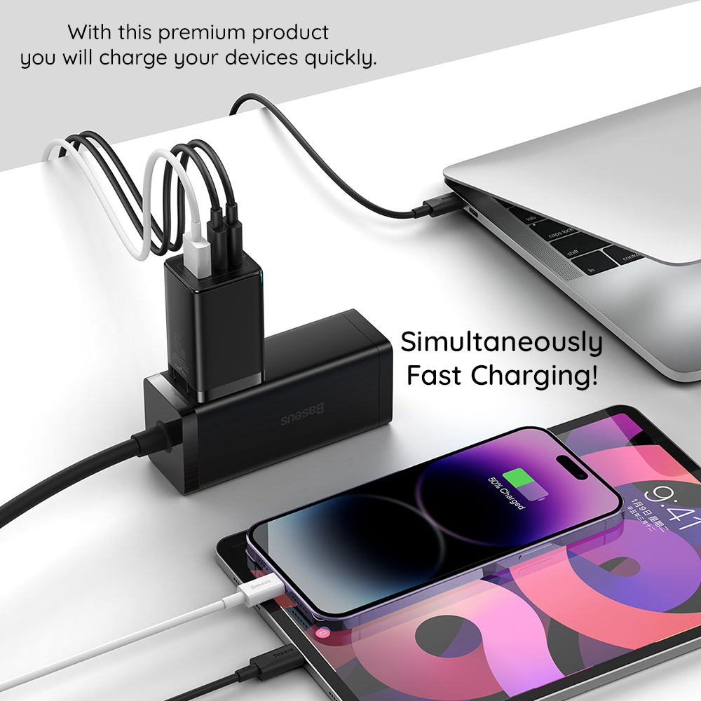 Punjač mreže sa USB-C kablom Baseus GaN5 Pro, 65W, 3.25A, 1 x USB-A - 2 x USB-C, Crni C0206500