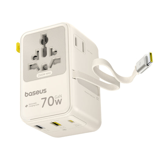 Punjač za mrežu sa USB-C kablom Baseus Travel EnerCore CG11, 70W, 2 x utičnica - 1 x USB-C - 2 x USB-A, Bela E0307E01