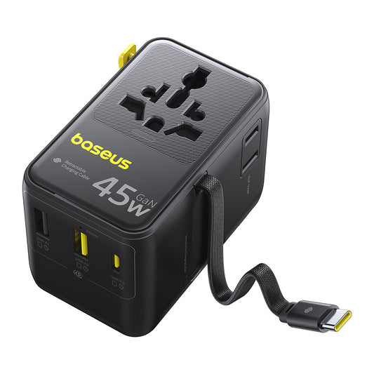 Punjač za mrežu sa USB-C kablom Baseus Travel PicoGo AG11, 45W, 2 x utičnica - 1 x USB-C - 2 x USB-A, Crni E0307F00