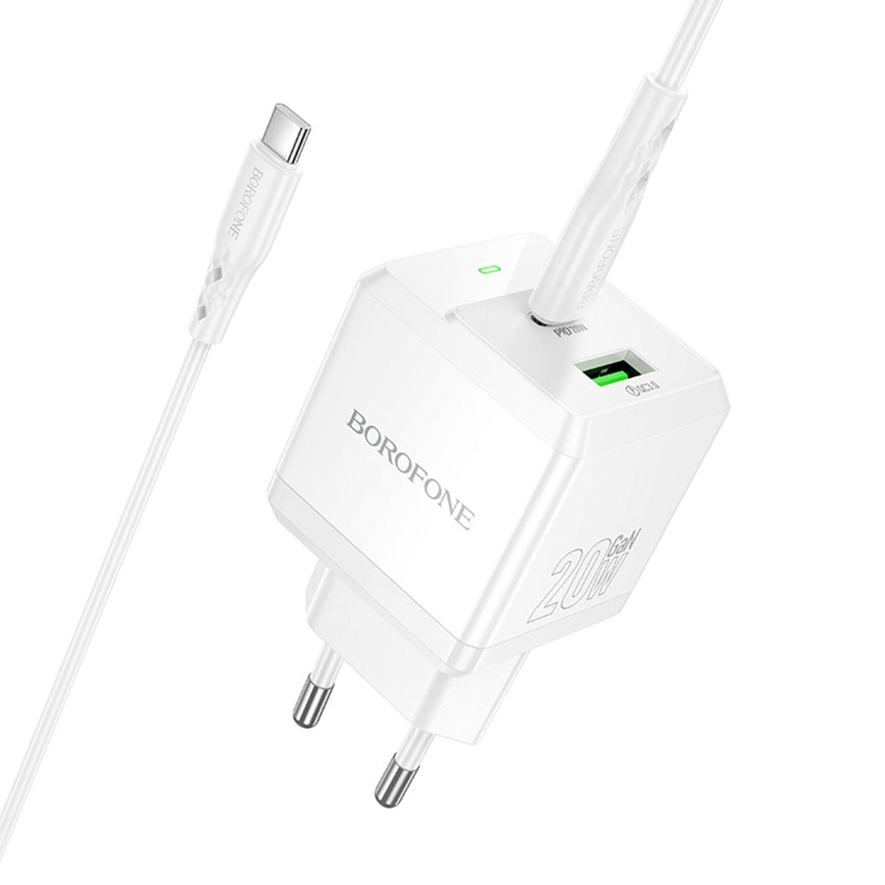 Punjač mreže sa USB-C kablom Borofone BN19 Intenso, 20W, 3A, 1 x USB-A - 1 x USB-C, Beli