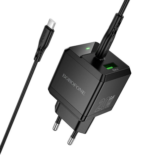 Punjač mreže sa USB-C kablom Borofone BN19 Intenso, 20W, 3A, 1 x USB-A - 1 x USB-C, Crni