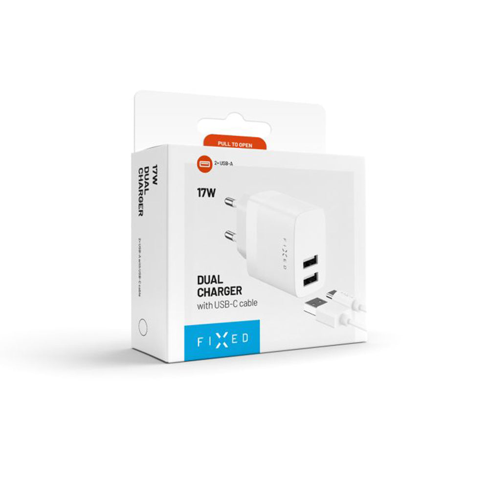 Punjač mreže sa USB-C kablom Fixed, 17W, 3A, 2 x USB-A, Beli